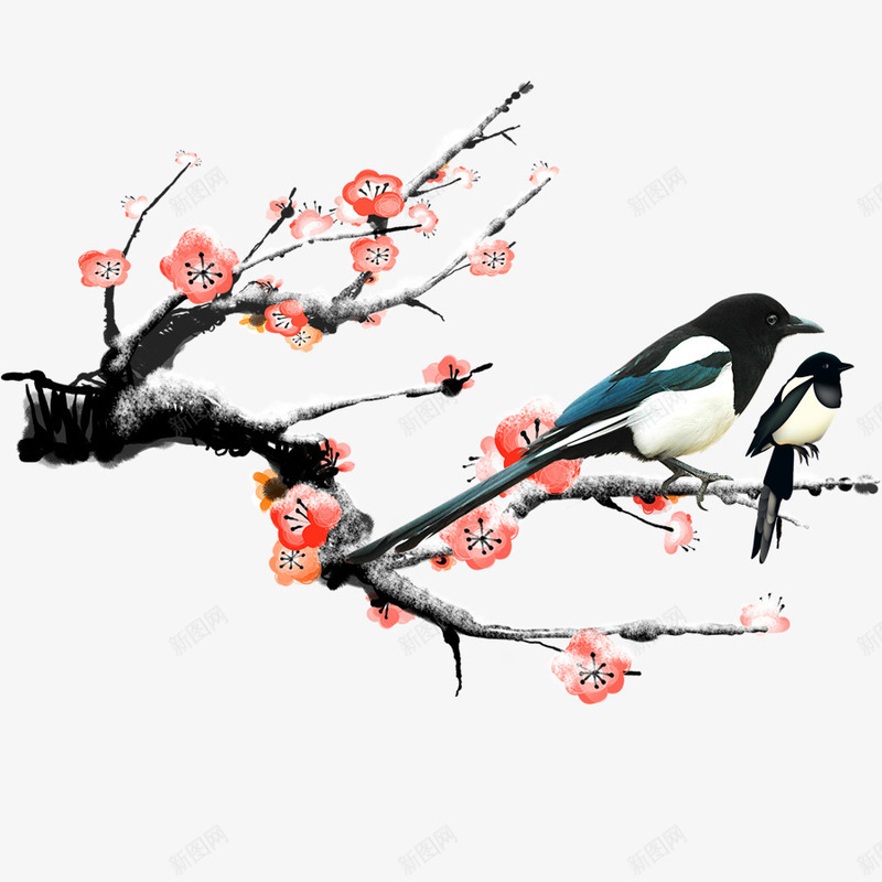 梅花和喜鹊的手绘png免抠素材_88icon https://88icon.com 中国风 喜鹊 插画 梅花