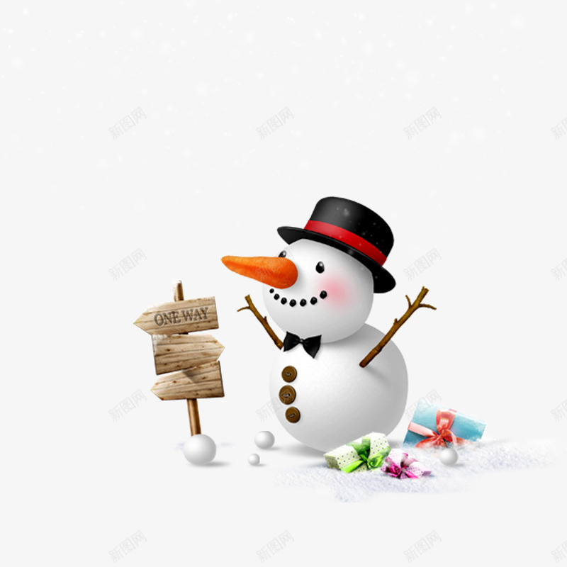 雪地守护人png免抠素材_88icon https://88icon.com 木头路标 树枝 萝卜鼻子 雪人 黑色帽子