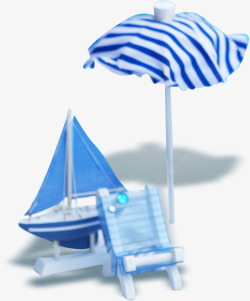 蓝色遮阳伞沙滩椅帆船卡通素材