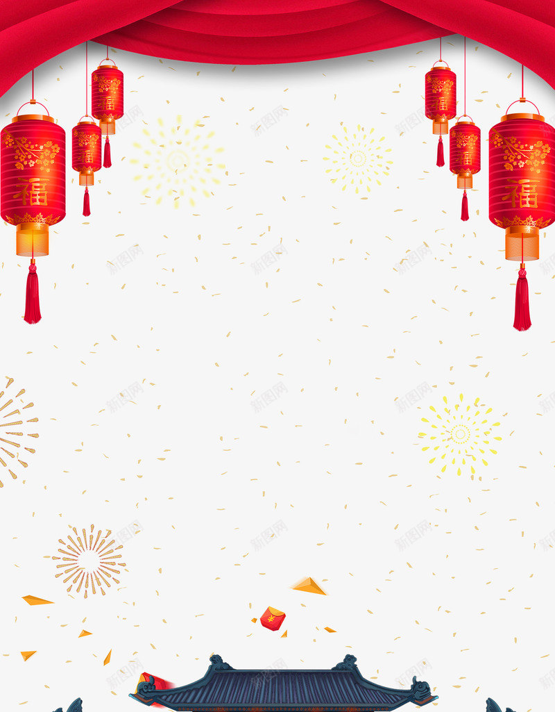 新年传统背景边框psd分层图png免抠素材_88icon https://88icon.com 喜迎新年 手绘古典建筑 新年传统背景边框 新春吉祥 欢度春节 灯笼 烟花 碎金底纹 红绸