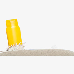 防晒指数沙滩黄色瓶装防晒霜高清图片