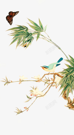 小鸟水墨枯树枝竹子蝴蝶高清图片