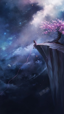 孤独的女孩星空桃树背景高清图片