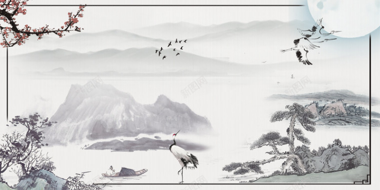 中国风水墨画白露海报背景背景