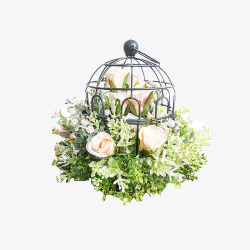 透明背景鸟笼粉玫瑰插花装饰鸟笼摆件高清图片