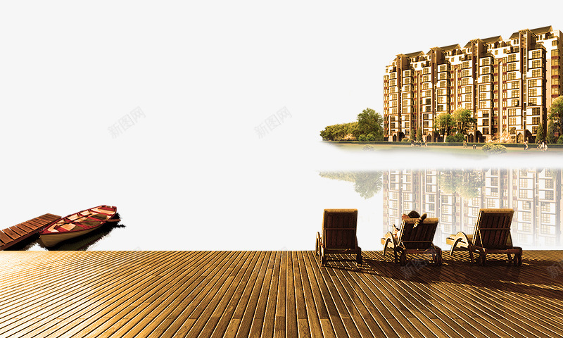 地产湖景房psd免抠素材_88icon https://88icon.com 商业元素 地产湖景房 小船 房子 楼盘 湖岸 湖水 靠椅