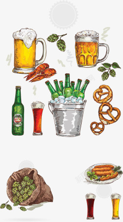 彩绘美食彩绘啤酒夜宵美食矢量图高清图片