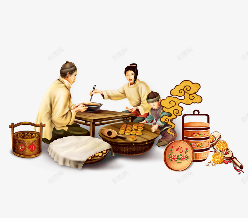 做月饼图psd免抠素材_88icon https://88icon.com 中国风人物 中秋节 做月饼人物 古风人物 团圆日 手绘人物 食物
