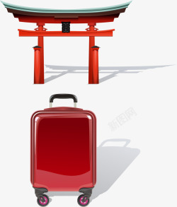 手绘红色大门和行李箱素材