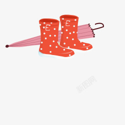 手绘水彩雨具插图红伞与红雨靴素材