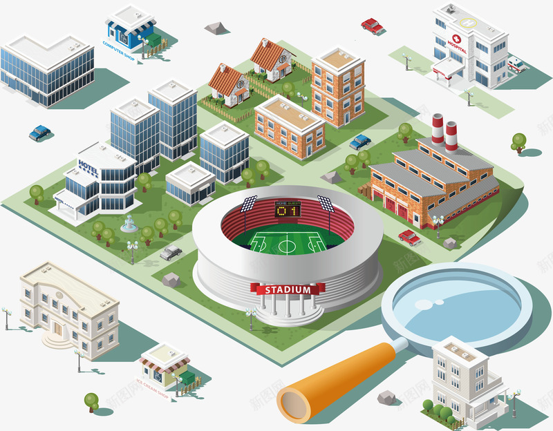 放大镜和建筑物俯瞰图矢量图eps免抠素材_88icon https://88icon.com 建筑 建筑png 建筑矢量图 房子 放大镜 矢量图