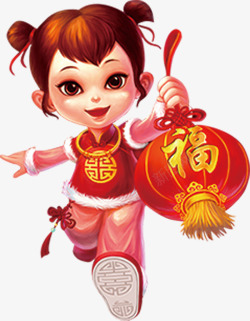 春节小女孩提福字灯笼的小女孩高清图片