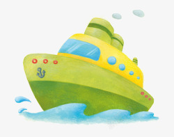 卡通手绘彩色绿色轮船素材