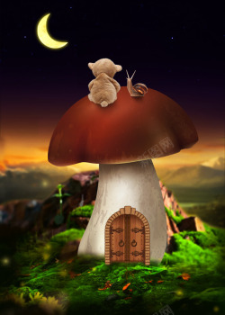 童话森林蘑菇屋的泰迪熊蜗牛高清图片