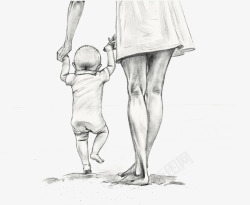 牵着孩子手绘素描母亲牵着孩子走路高清图片
