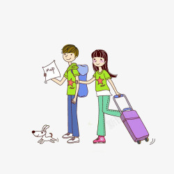 小狗拖行李外出旅行的情侣高清图片