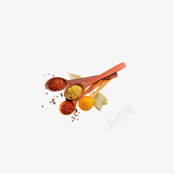 调料食材勺子内的花椒粉与辣椒高清图片
