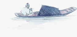 手绘蓝色小船中国风风景素材