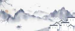 景山中国风手绘水墨风景山水徽派建筑1高清图片