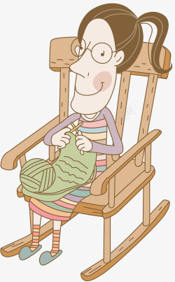 卡通线条插画坐在摇摇椅上打毛衣素材