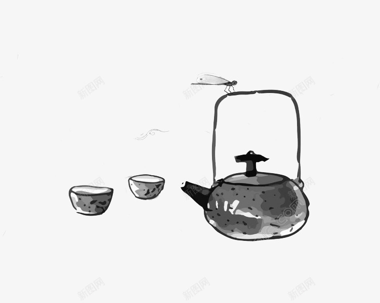 中国风唯美茶具png免抠素材_88icon https://88icon.com 中国风 唯美 意境美 水墨画 茶具 茶壶 茶杯 黑白 小动物 蜻蜓