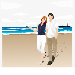 沙滩漫步的情侣矢量图素材