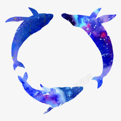 三头鲸鱼戏水水彩风蓝色素材