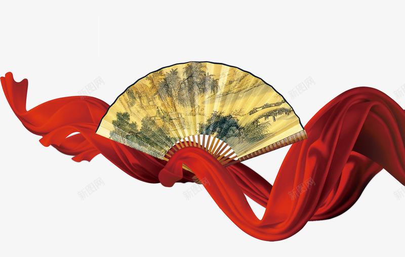 扇子与红色绸缎png免抠素材_88icon https://88icon.com 扇子 红色 绸缎
