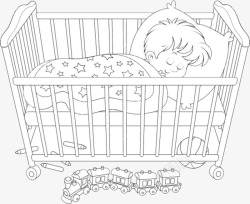 黑白单线婴儿床睡着的宝宝素材