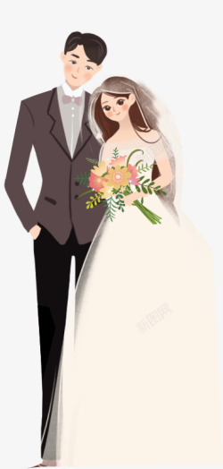 国庆结婚季手绘人物插图穿婚纱礼服的情侣高清图片