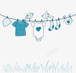 婴儿爬服蓝色晾衣绳插画高清图片