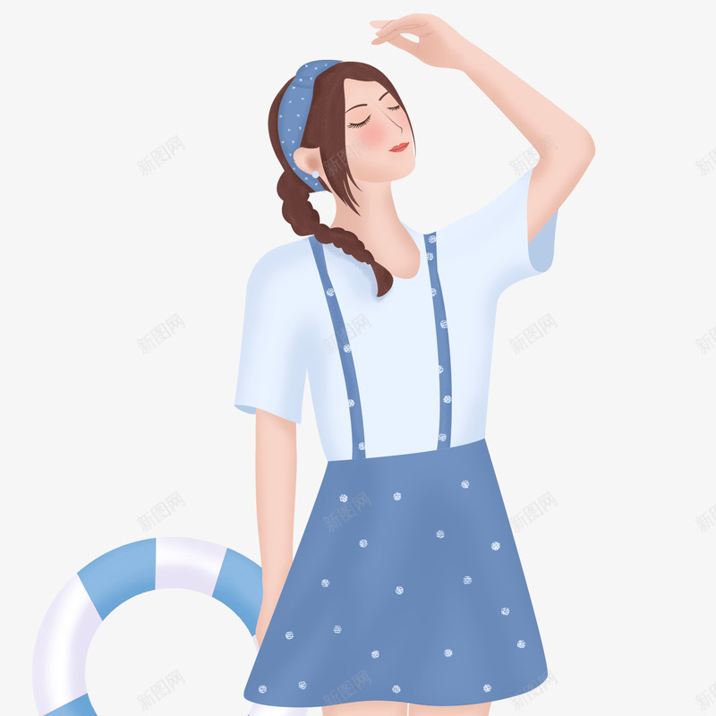 手绘卡通沙滩女孩png免抠素材_88icon https://88icon.com 手拿游泳圈 沙滩女孩 游乐场 游泳 背带裙女孩