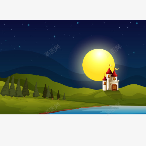 在明亮的月亮下的小山的一座城堡矢量图eps免抠素材_88icon https://88icon.com 圆月 城堡 小山 满月 矢量图
