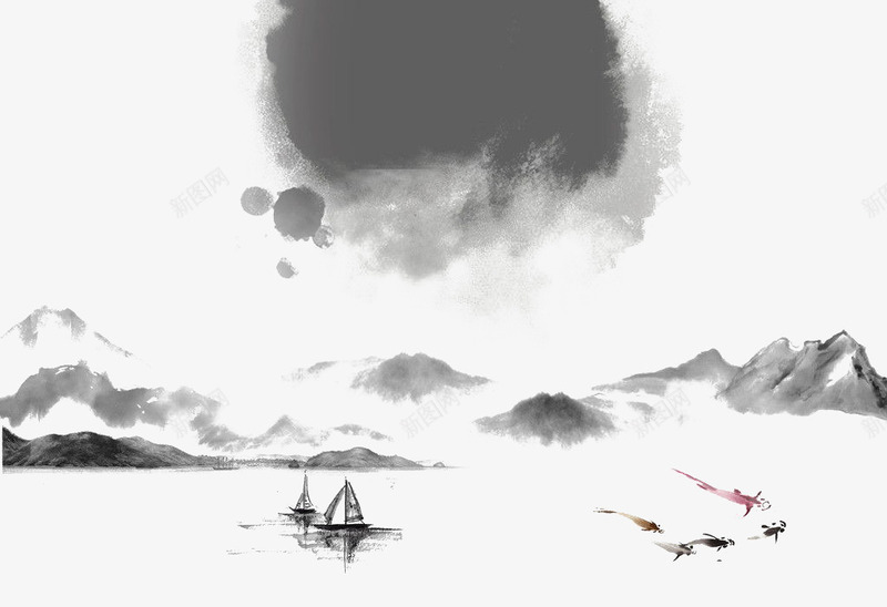 水墨风景画png免抠素材_88icon https://88icon.com 古风船 小溪水墨 水墨 河水 船 风景