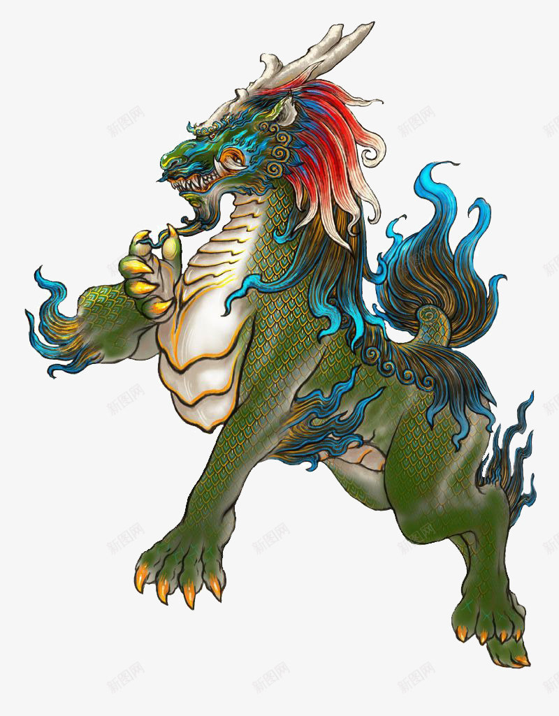 彩色山海经古代神兽獬豸年画png免抠素材_88icon https://88icon.com 年画 獬豸 獬豸年画 獬豸彩色