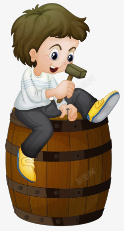 小孩坐在酿酒的木桶上面素材