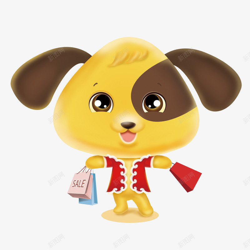 卡通宠物狗psd免抠素材_88icon https://88icon.com 全身黄色的狗 卡通 图案 手绘 粉色蓝色红色购物袋 装饰
