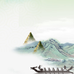 矢量划龙舟手绘端午节传统粽子山水画插画高清图片