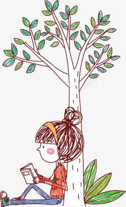手绘茂盛大树手绘女生阅读矢量图高清图片