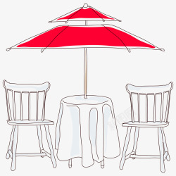 手绘简单红伞桌子素材