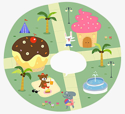 手绘休闲动物公园甜点喷泉图素材