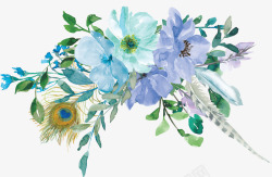 矢量蓝色花卉手绘卡通蓝色花卉孔雀羽毛高清图片