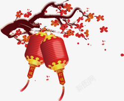 红灯笼带梅花树枝素材