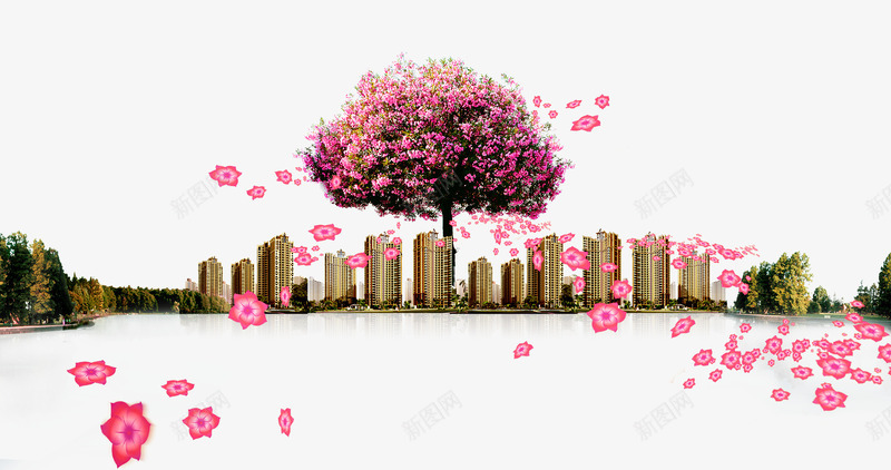 建筑桃花飘png免抠素材_88icon https://88icon.com 免扣飘散的桃花 城市 建筑 桃花树 桃花飘 楼房 粉色桃花飘