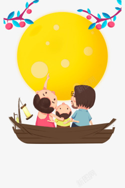 卡通的油灯中秋节一家三口赏月高清图片