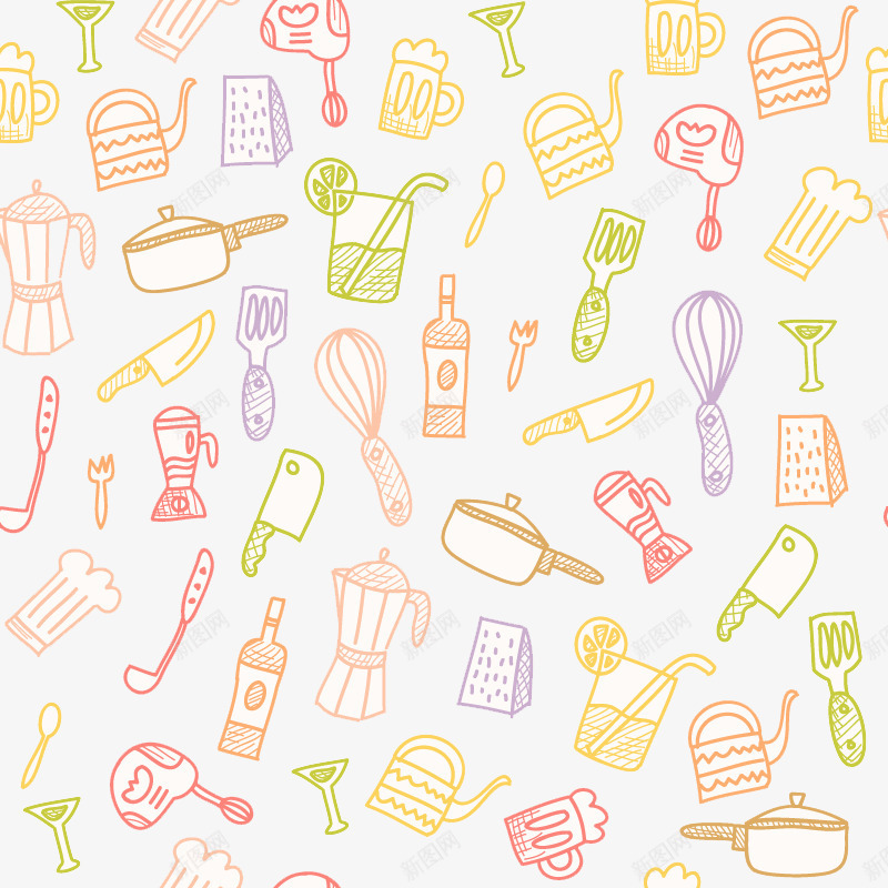 彩绘厨房用品无缝背景png免抠素材_88icon https://88icon.com 厨房用品 厨房背景 彩绘背景 无缝背景
