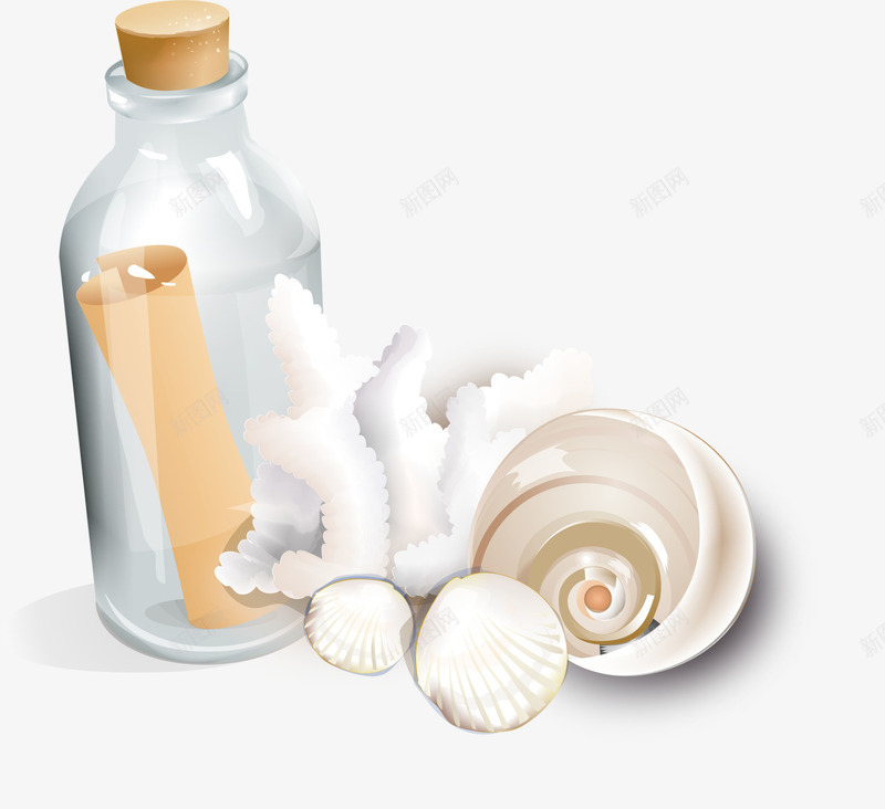 贝壳漂流瓶png免抠素材_88icon https://88icon.com AI 手绘 沙滩 海边 漂流瓶 瓶子 贝壳