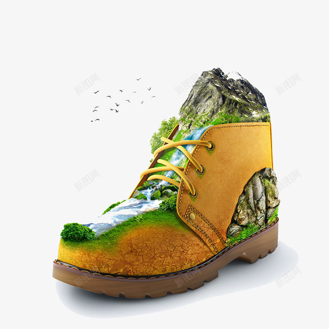 创意皮鞋上的自然景观png免抠素材_88icon https://88icon.com 山峰 岩石 广告 旅游 树 水瀑布 皮鞋 鞋 风景