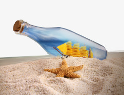 黄色小帆船金色沙滩上的漂流瓶高清图片