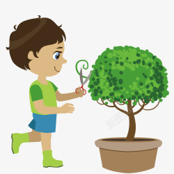 卡通小孩植树节植树修剪树动作矢矢量图素材
